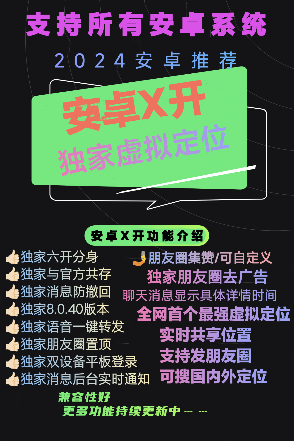 【安卓xx微信分身激活码支持虚拟定位】支持所有安卓系统  安卓x开功能介绍功能在，微信设置☞插件点击下就有